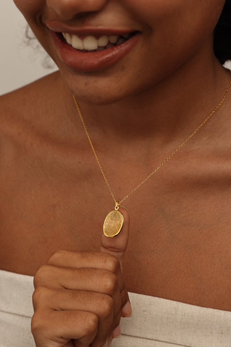 Asymmetrical Oval Fingerprint and Handwriting Necklace