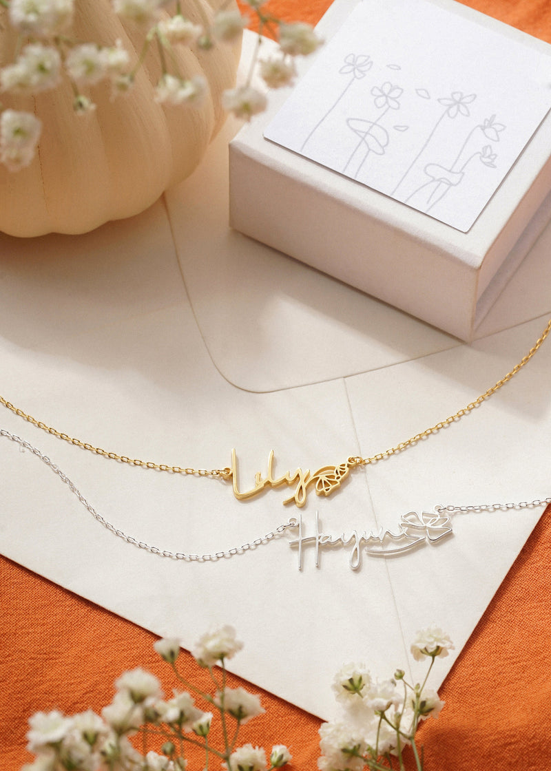 Custom Name Necklace with Birth Flower